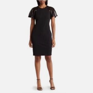 Calvin Klein Black Sheath Dress with Sequin Flutter Sleeves